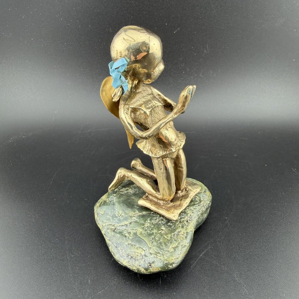 Vintage Malcolm Moran Angel Praying Girl Bronze Sculpture on Jade Nephrite Rare